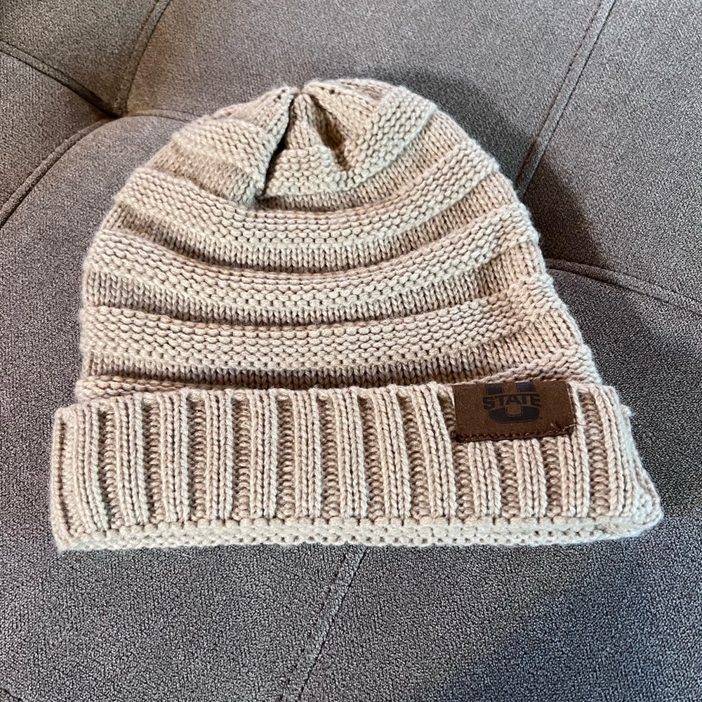 Beige-Brown Beanie with Utah State Logo